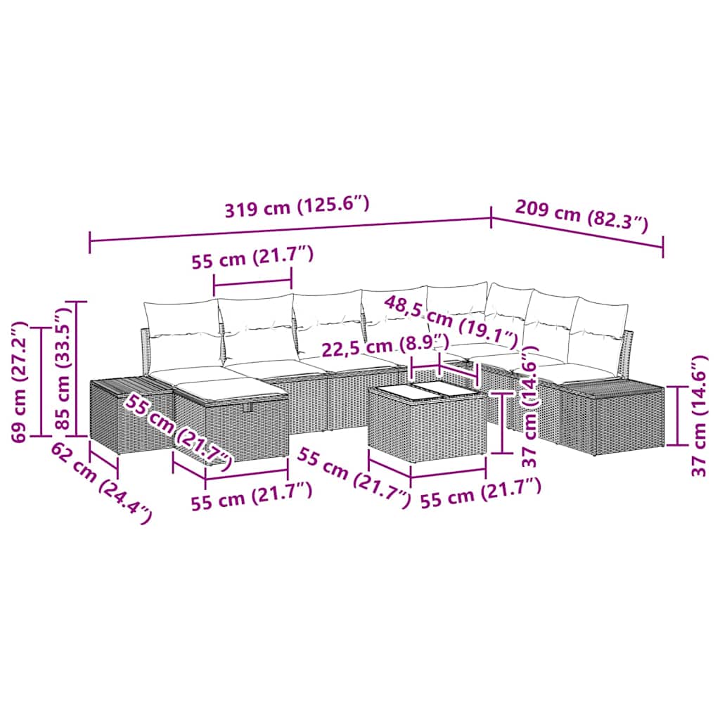 Garten-Sofa-Set mit Kissen 9 pcs Braun Poly Rattan